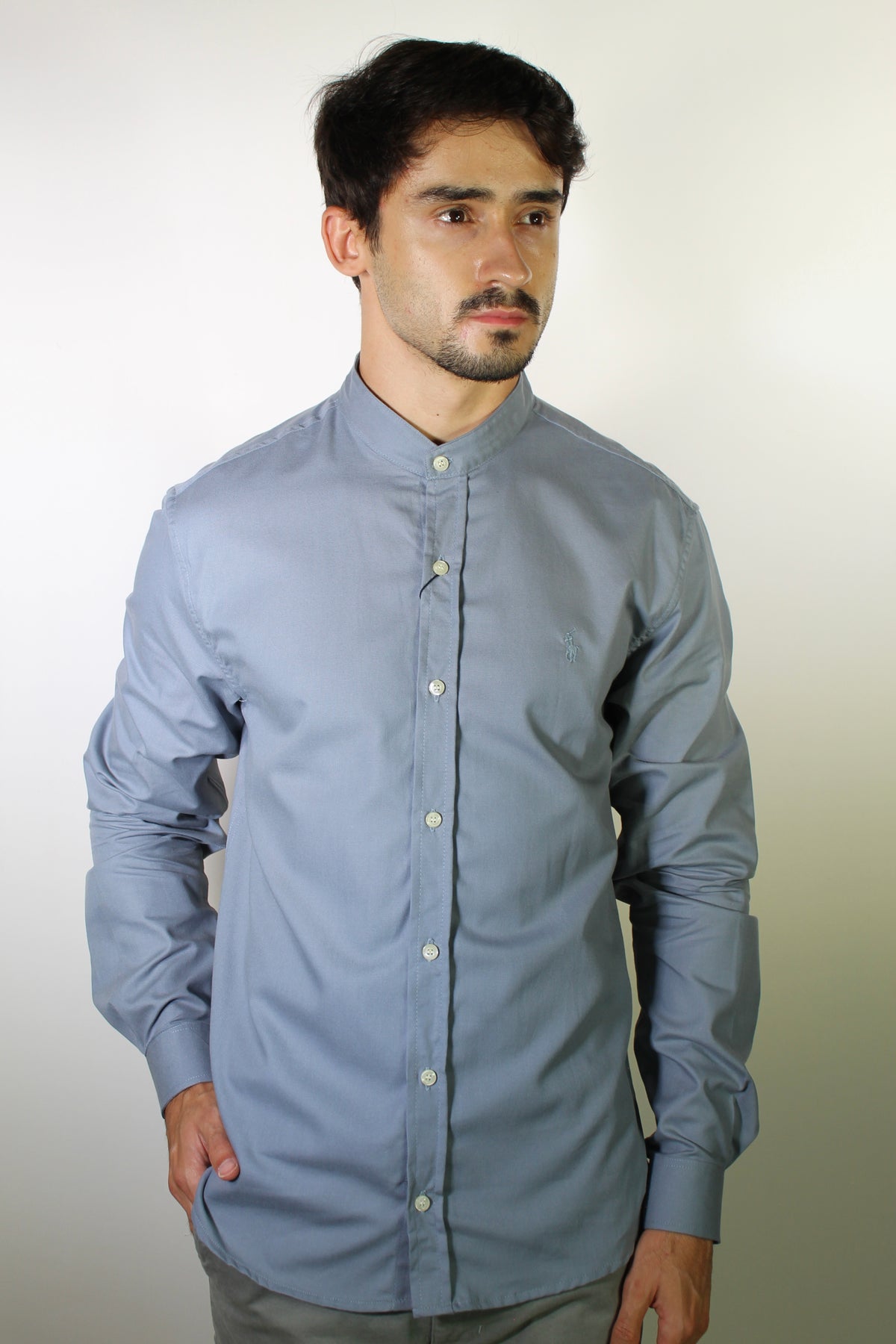 Camisa RL Manga Longa Gola Padre - Cinza Azulado