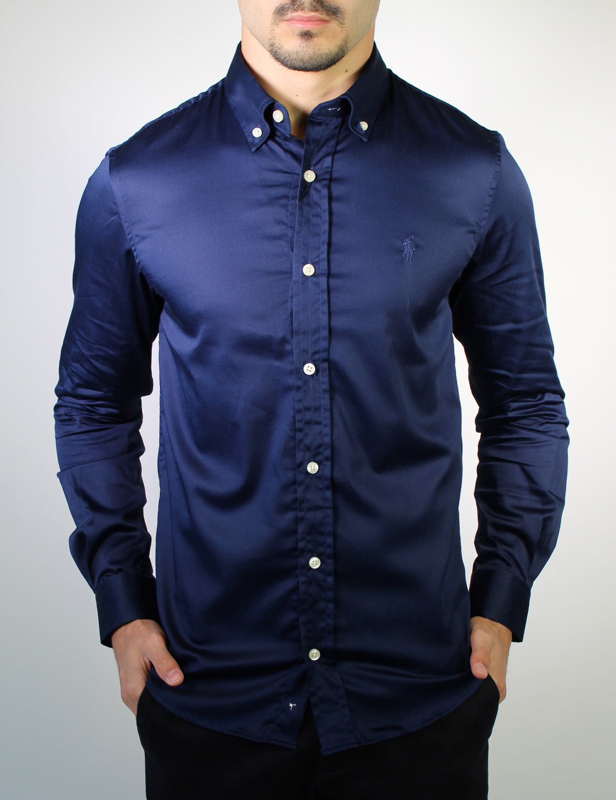 Camisa Social RL Acetinada  Manga Longa - Azul Marinho