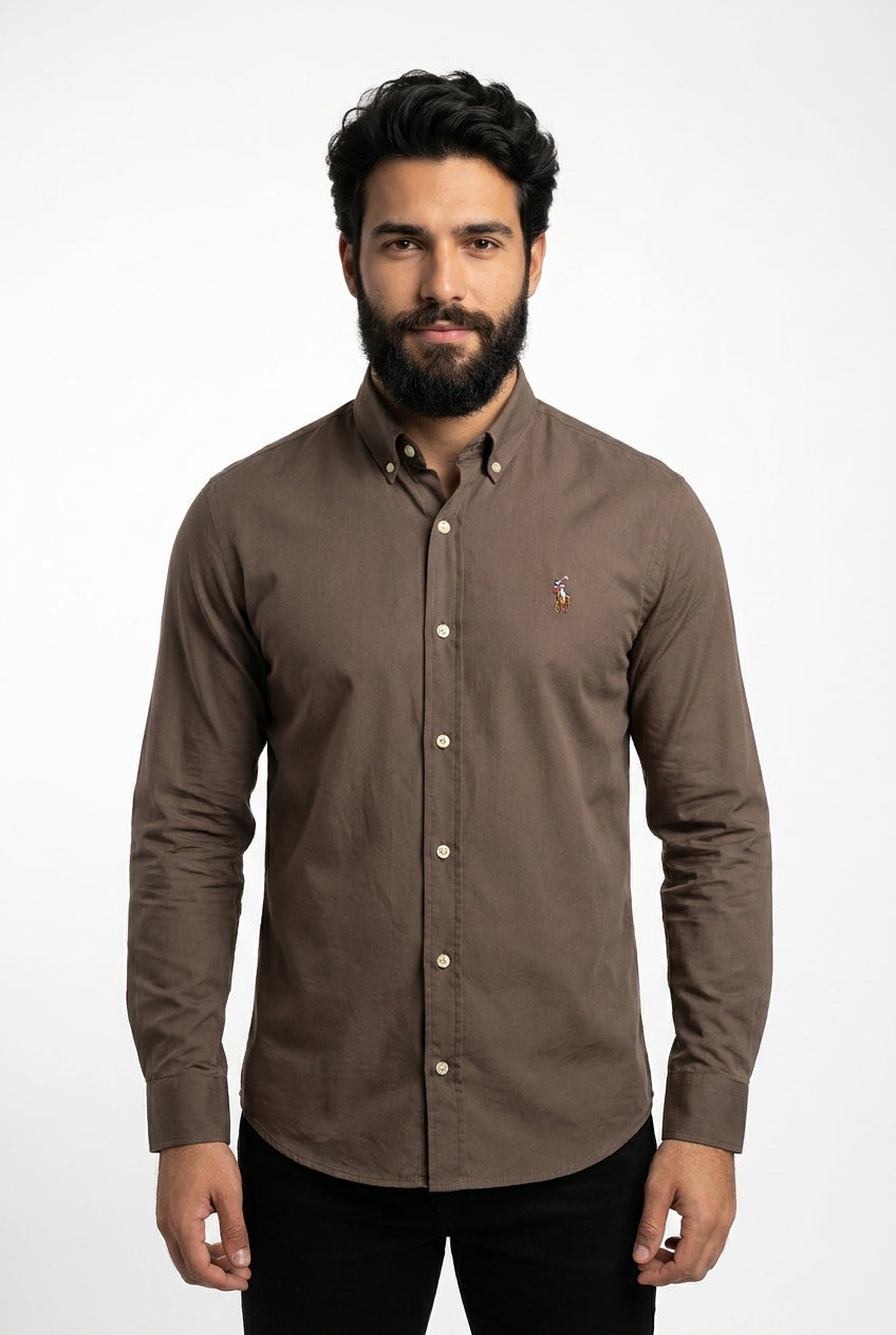 Camisa Social Lisa RL Manga Longa - Marrom Wood Small Pony Color