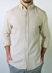 Camisa RL Manga Longa Linho - Bege Natural Small Pony Monocromático