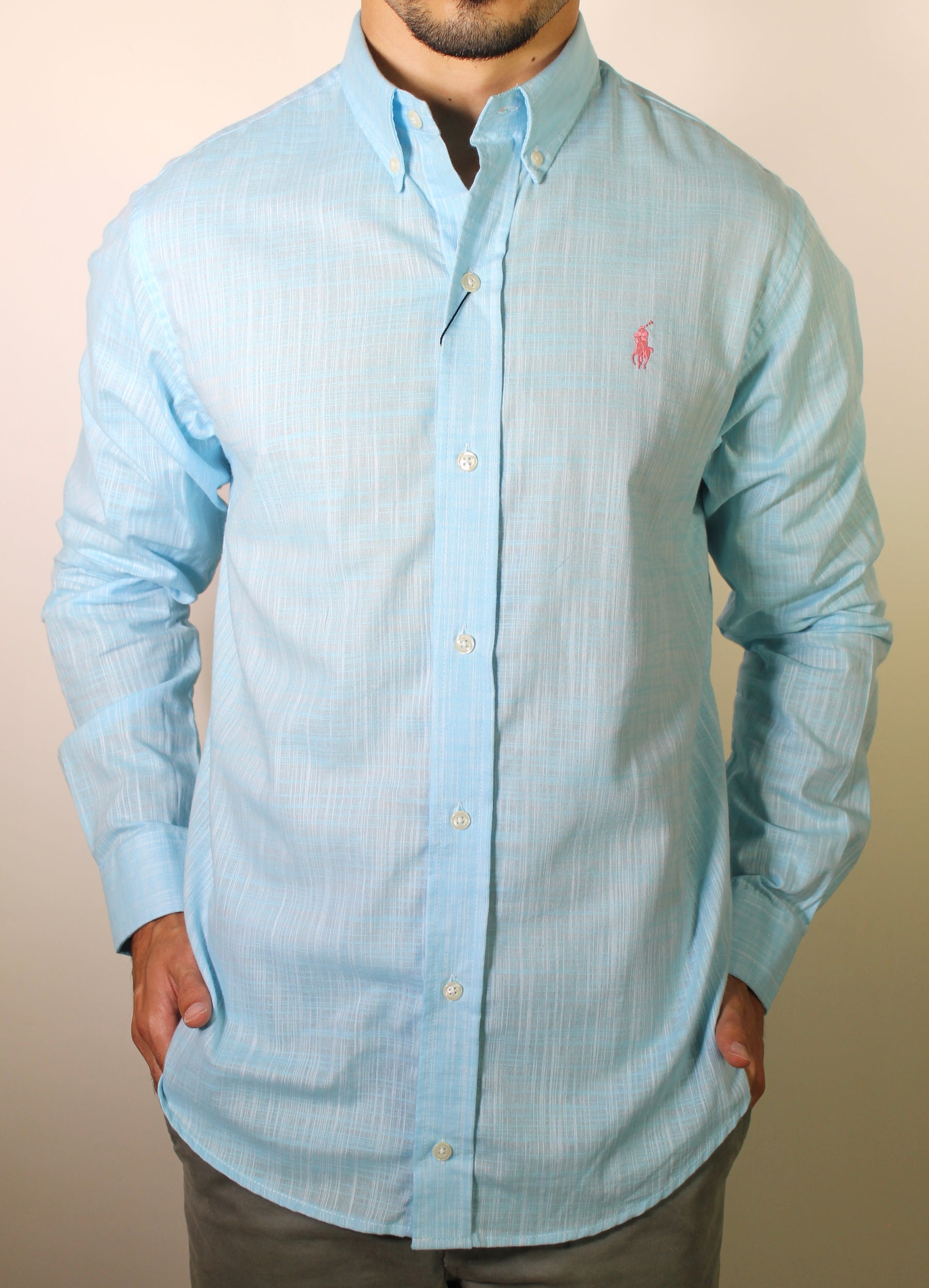 Camisa RL Manga Longa Linho - Azul Claro Small Pony Rosa