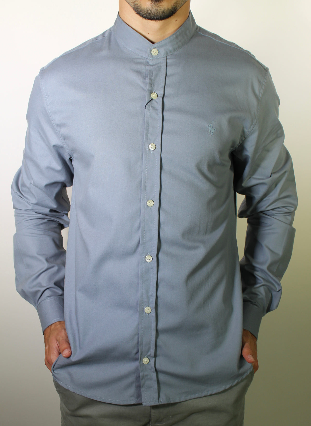 Camisa RL Manga Longa Gola Padre - Cinza Azulado