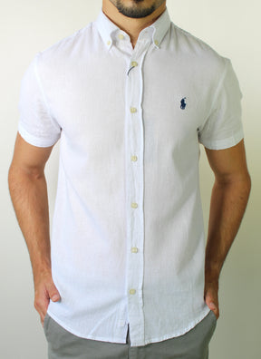 Camisa Manga Curta RL Linho - Branca Small Pony Azul Marinho