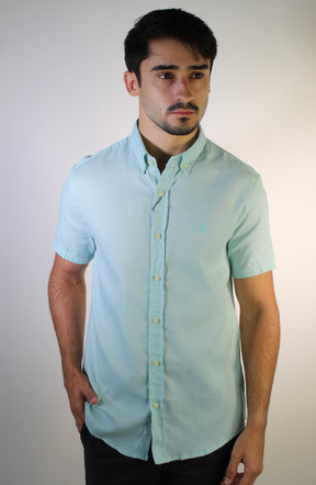 Camisa Social Manga Curta RL Linho - Verde Água Small Pony Monocromático