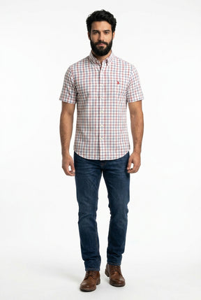 Camisa Social Manga Curta RL - Xadrez Boston Grid Azul e Vermelho