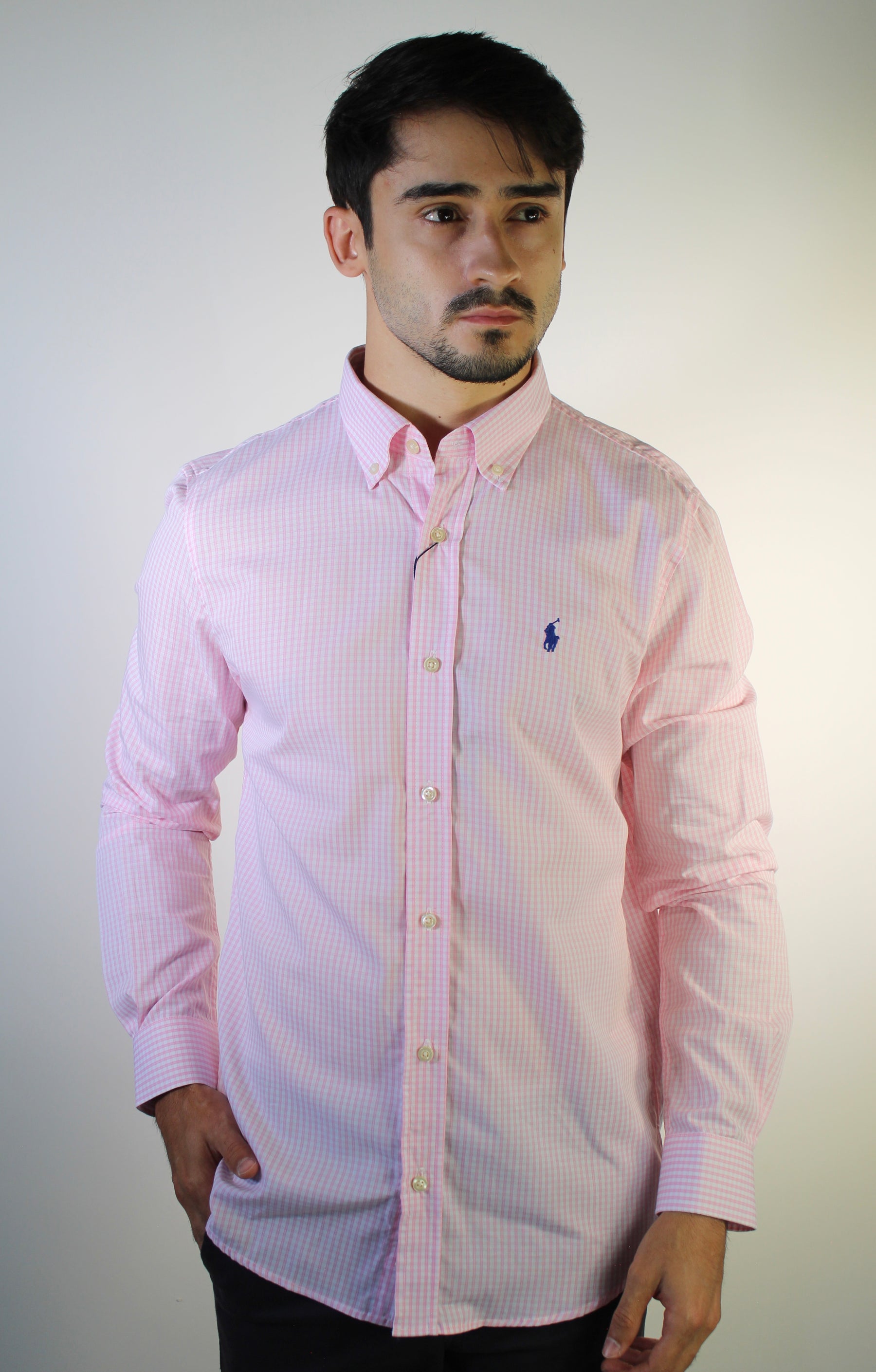 Camisa Social RL Manga Longa - Microxadrez Fino Rosa e Branco