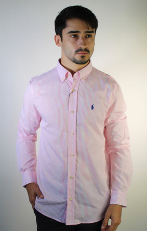 Camisa Social RL Manga Longa - Microxadrez Fino Rosa e Branco