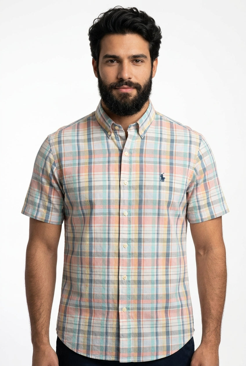 Camisa Social Manga Curta RL - Xadrez Grid Pastel