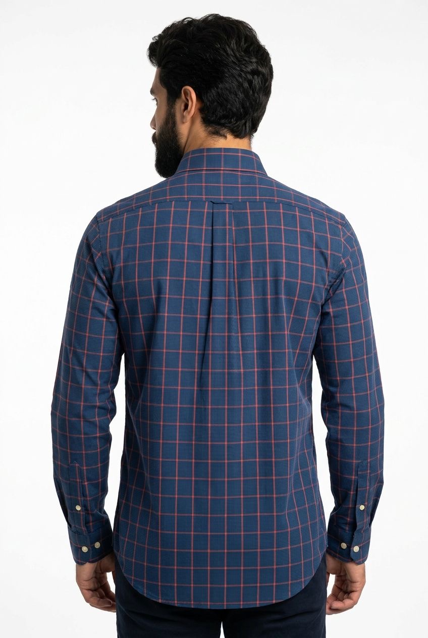 Camisa Social RL Longa - Xadrez Cambridge Azul Marinho e Vermelho