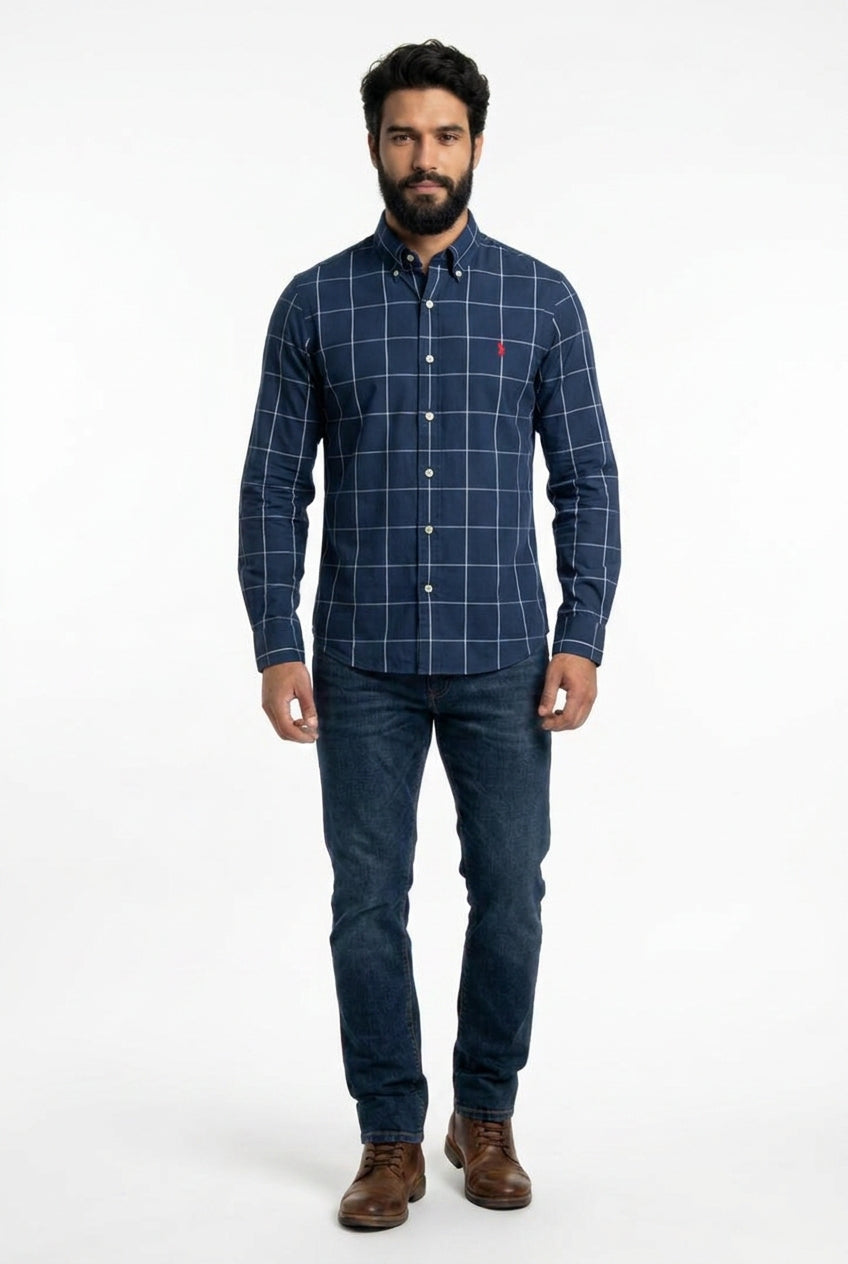 Camisa Social RL Manga Longa - Grid Style Xadrez Azul Marinho