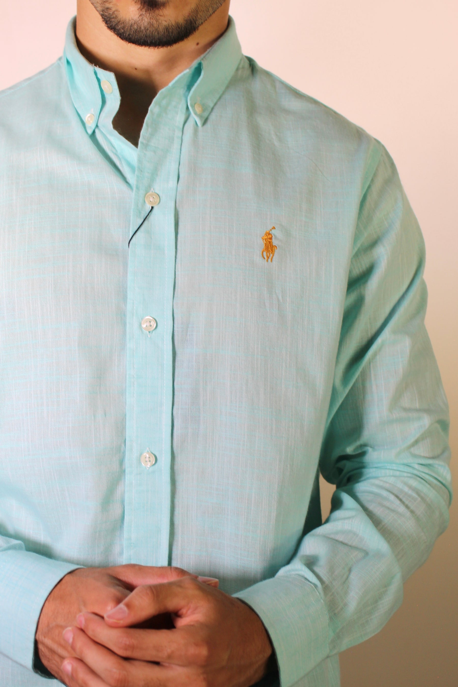 Camisa RL Manga Longa Linho - Verde Água Small Pony Dourado