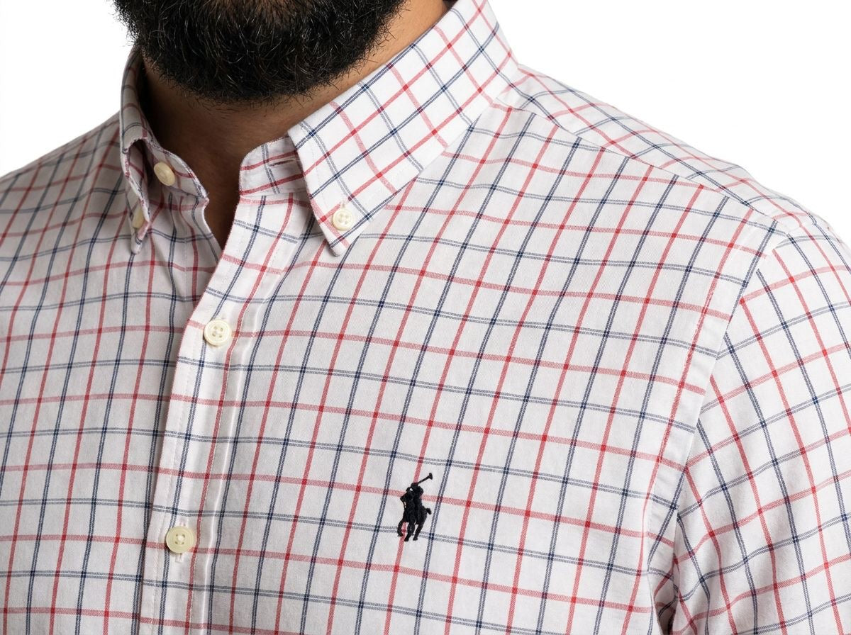 Camisa Social RL Longa - Branca Minimal Grid Vermelho e Azul