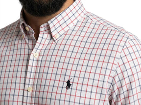 Camisa Social RL Longa - Branca Minimal Grid Vermelho e Azul