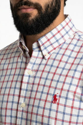 Camisa Social Manga Curta RL - Xadrez Boston Grid Azul e Vermelho