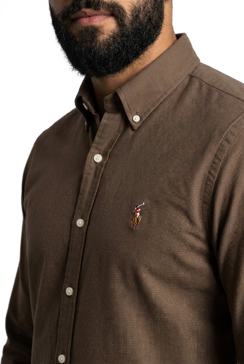 Camisa Social Lisa RL Manga Longa - Marrom Wood Small Pony Color