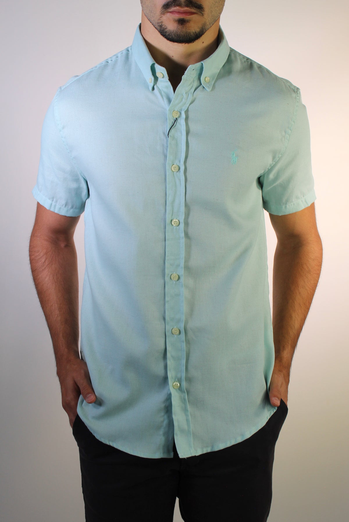 Camisa Social Manga Curta RL Linho - Verde Água Small Pony Monocromático