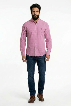 Camisa Social RL Longa - Microxadrez Manhattan Rosa