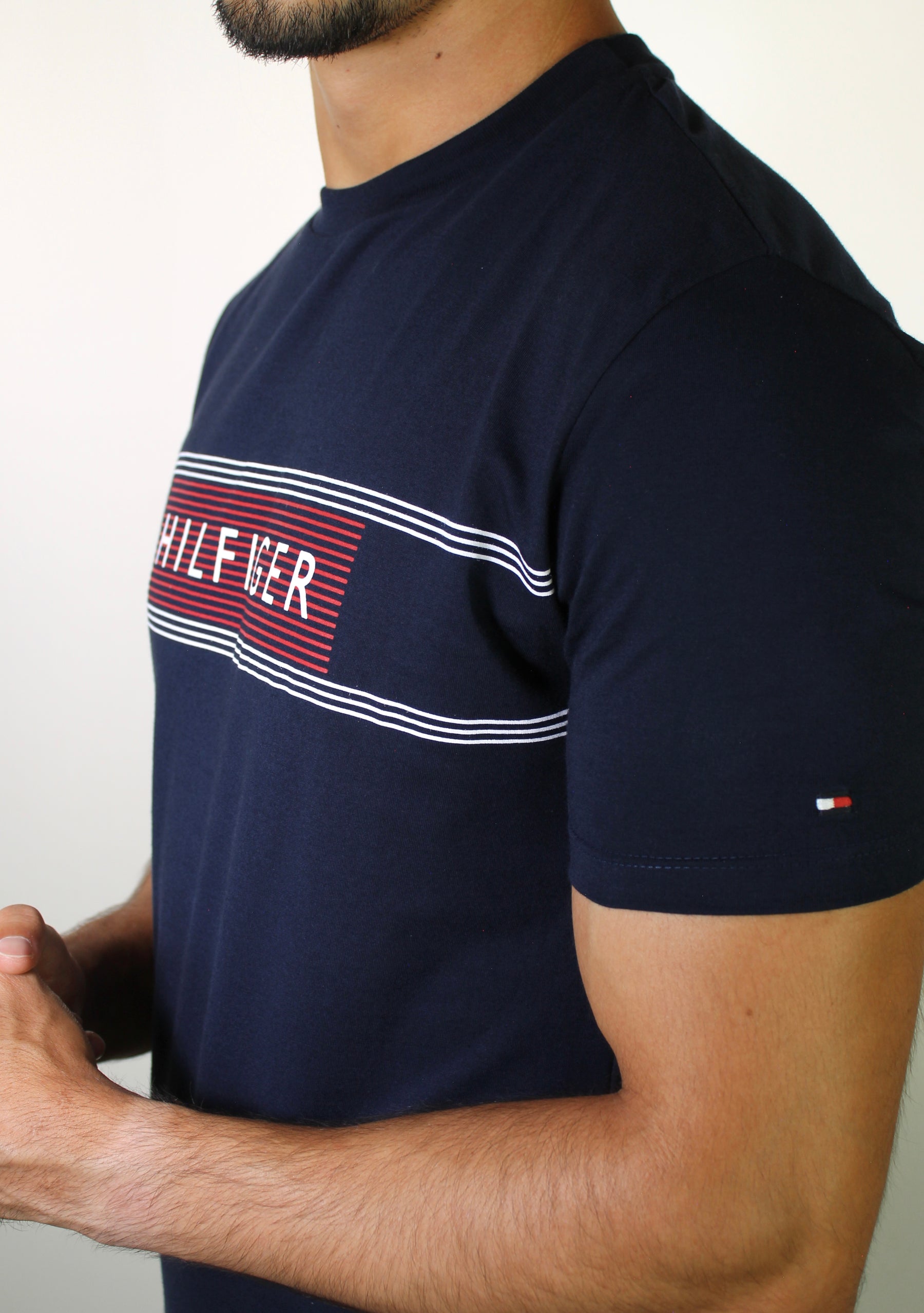 Camiseta TH Retro Striped Logo - Azul Marinho