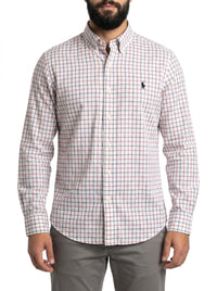 Camisa Social RL Longa - Branca Minimal Grid Vermelho e Azul