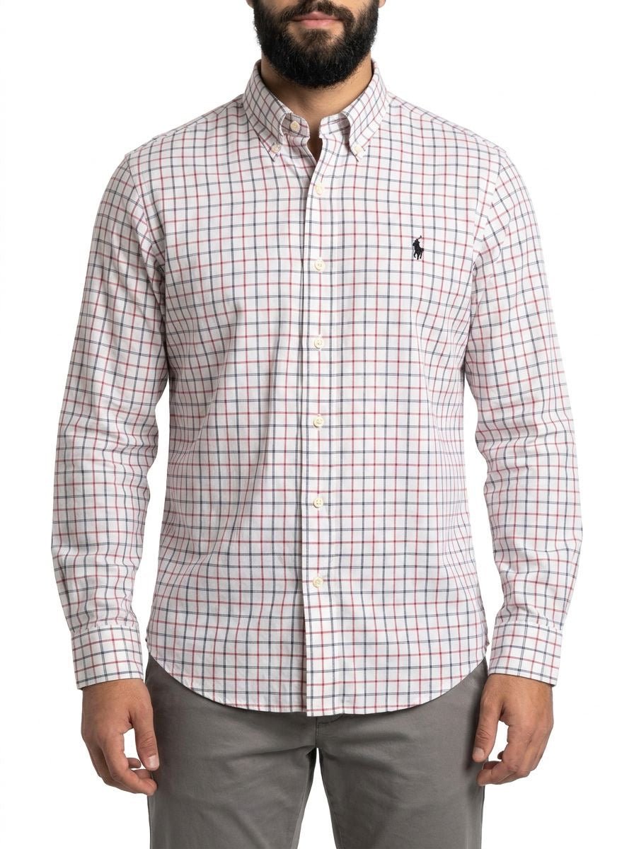 Camisa Social RL Longa - Branca Minimal Grid Vermelho e Azul
