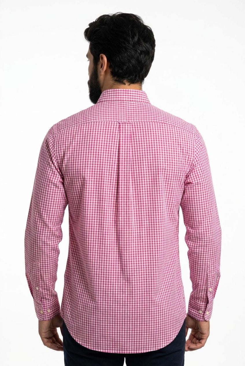 Camisa Social RL Longa - Microxadrez Manhattan Rosa
