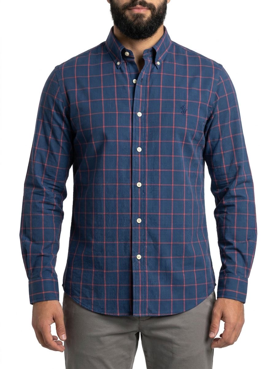 Camisa Social RL Longa - Xadrez Cambridge Azul Marinho e Vermelho