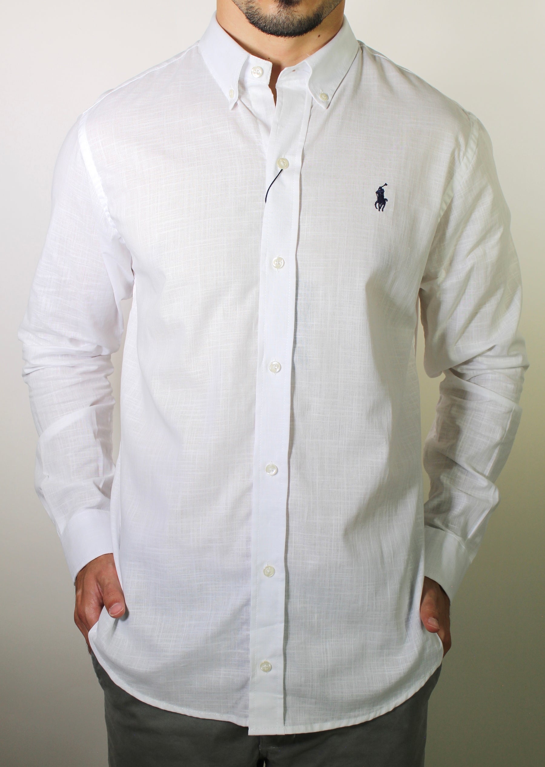 Camisa RL Manga Longa Linho - Branca Small Pony Azul Marinho