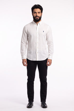 Camisa RL Longa Linho - Branca Small Pony Azul Marinho