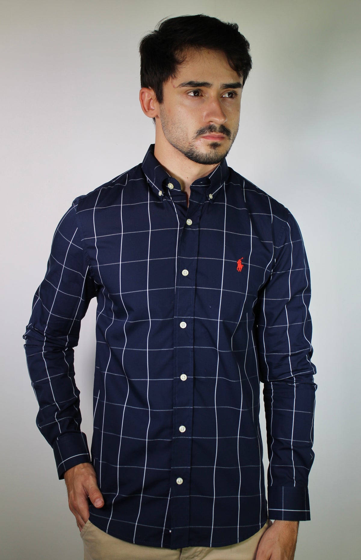 Camisa Social RL Manga Longa - Grid Style Xadrez Azul Marinho
