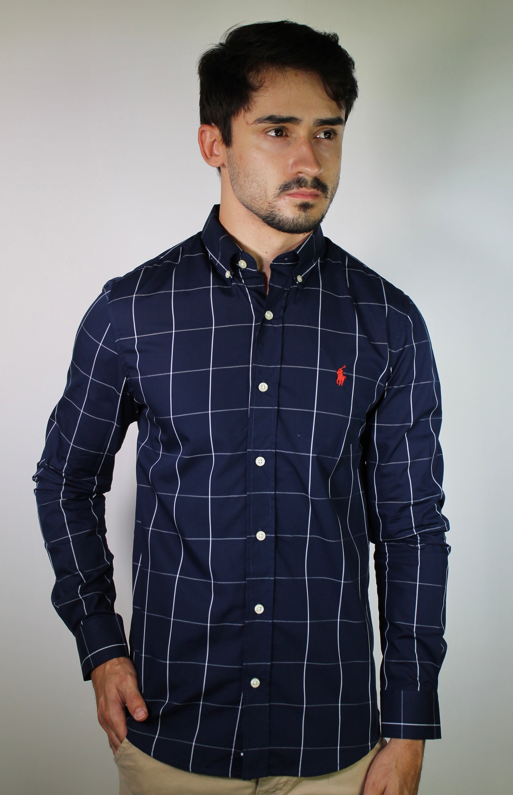 Camisa Social RL Manga Longa - Grid Style Xadrez Azul Marinho