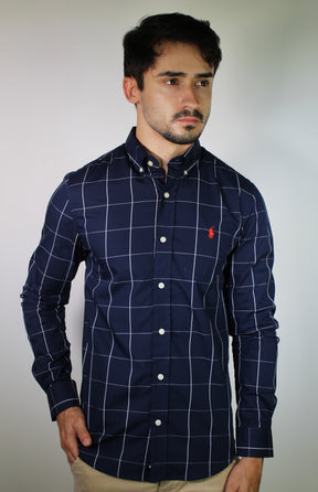 Camisa Social RL Manga Longa - Grid Style Xadrez Azul Marinho