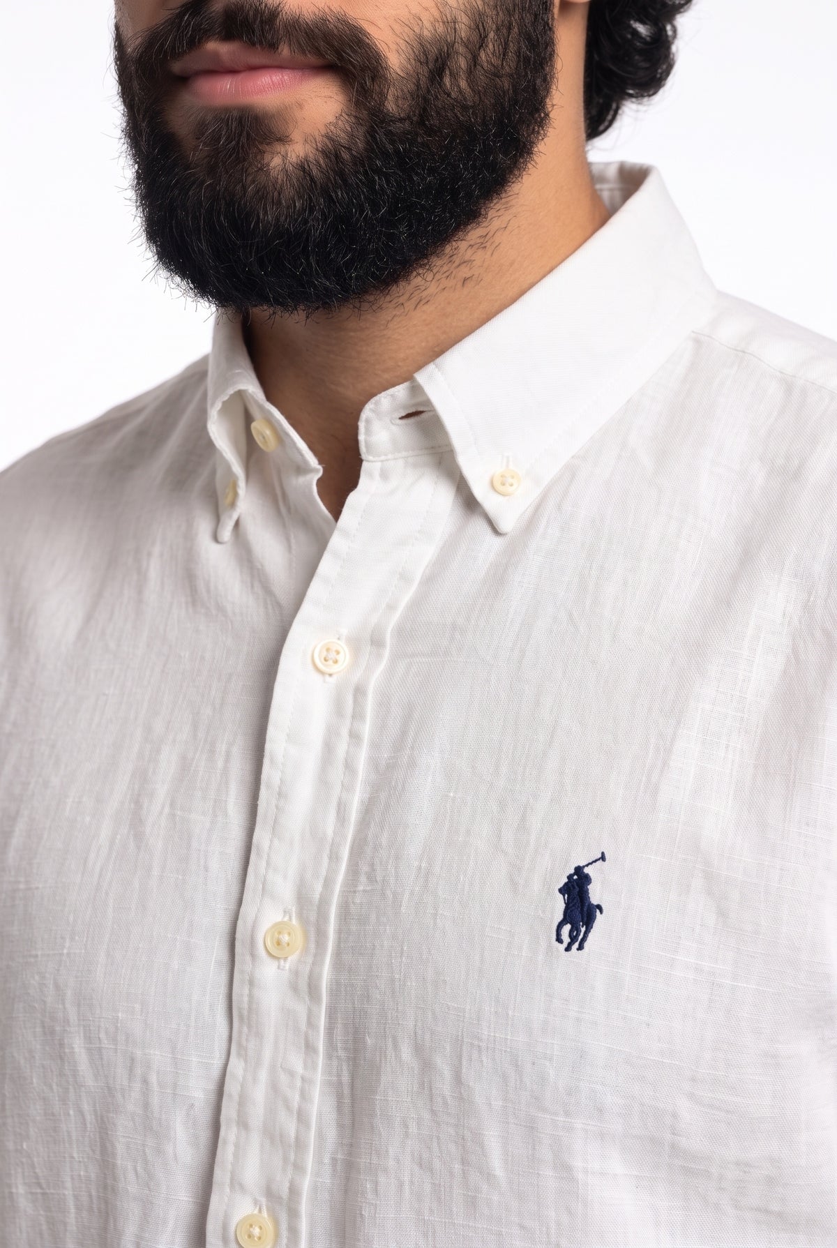 Camisa RL Longa Linho - Branca Small Pony Azul Marinho