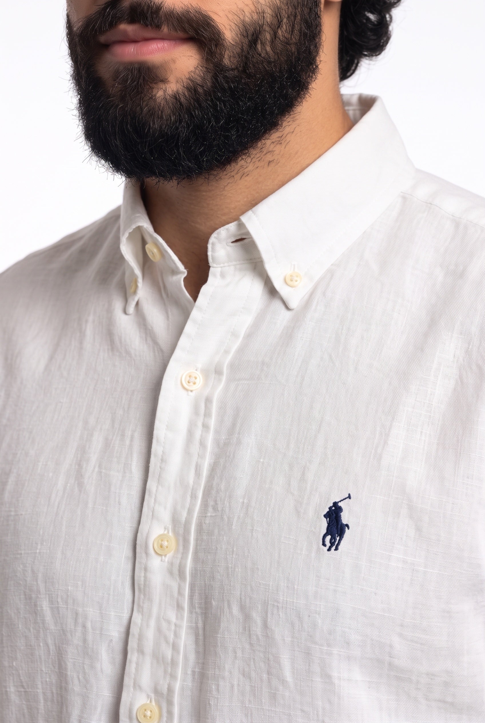 Camisa RL Longa Linho - Branca Small Pony Azul Marinho