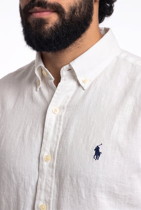 Camisa RL Longa Linho - Branca Small Pony Azul Marinho