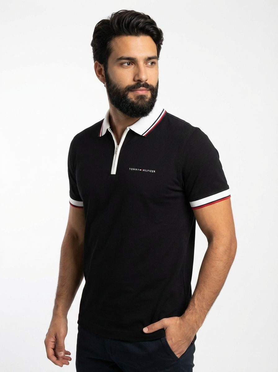 Camisa Gola Polo TH Essence Striped Zip - Preta