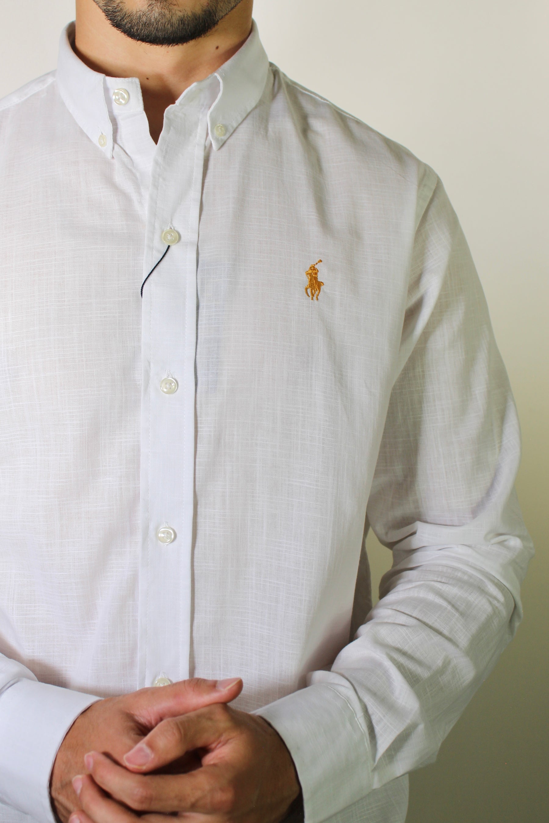 Camisa RL Manga Longa Linho - Branca Small Pony Dourado