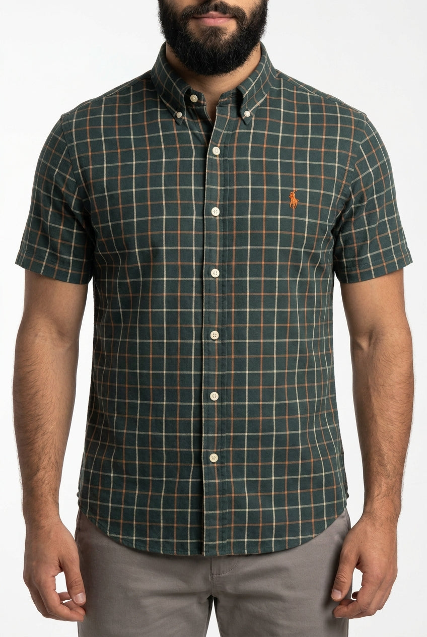 Camisa Social Manga Curta RL - Xadrez Grid Verde Musgo