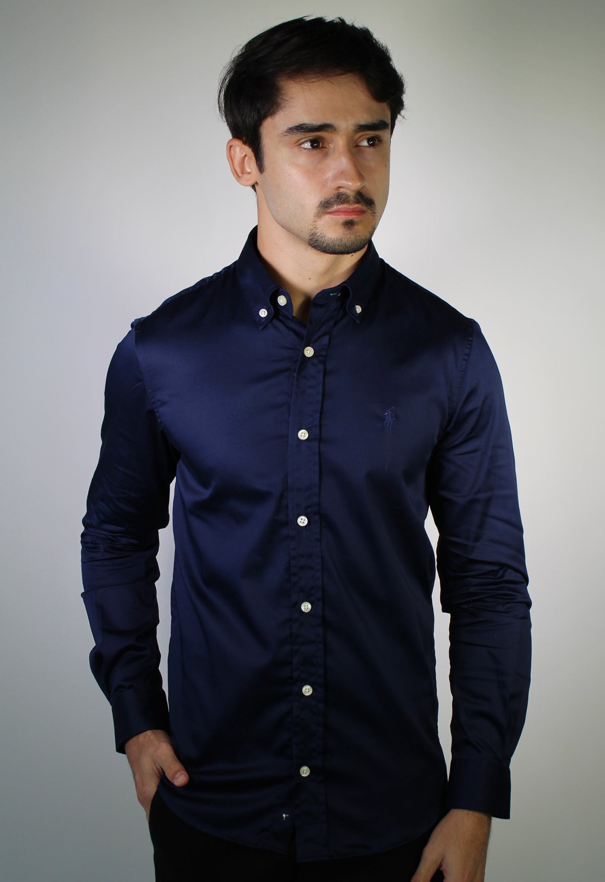 Camisa Social RL Acetinada  Manga Longa - Azul Marinho