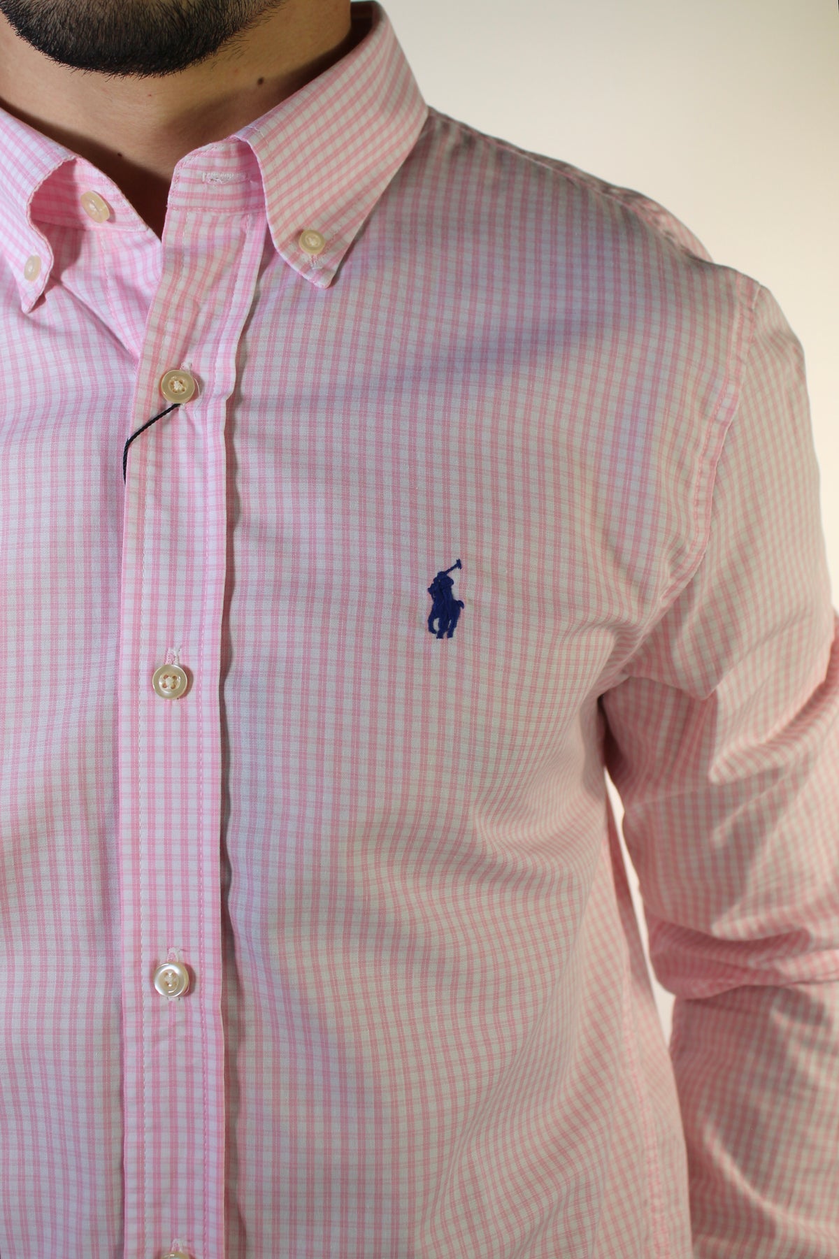 Camisa Social RL Manga Longa - Microxadrez Fino Rosa e Branco