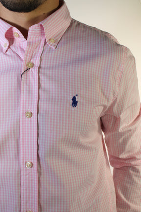 Camisa Social RL Manga Longa - Microxadrez Fino Rosa e Branco