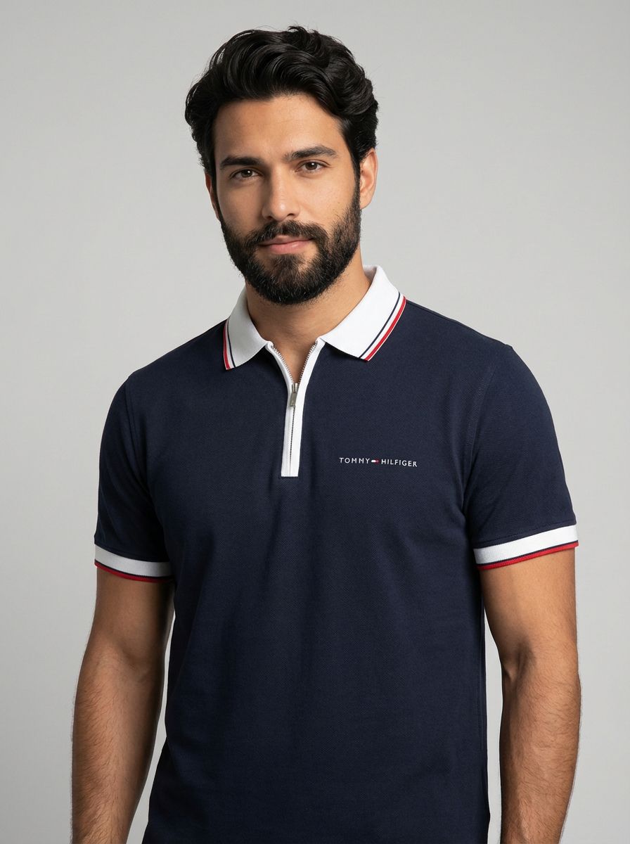 Camisa Gola Polo TH Essence Striped Zip - Azul Marinho