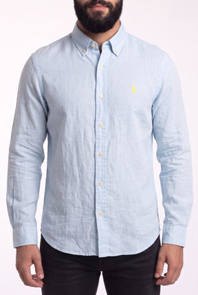 Camisa RL Longa Linho - Azul Claro Small Pony Amarelo