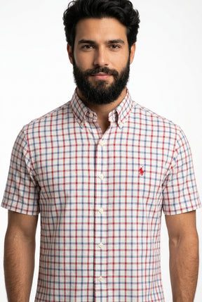 Camisa Social Manga Curta RL - Xadrez Boston Grid Azul e Vermelho