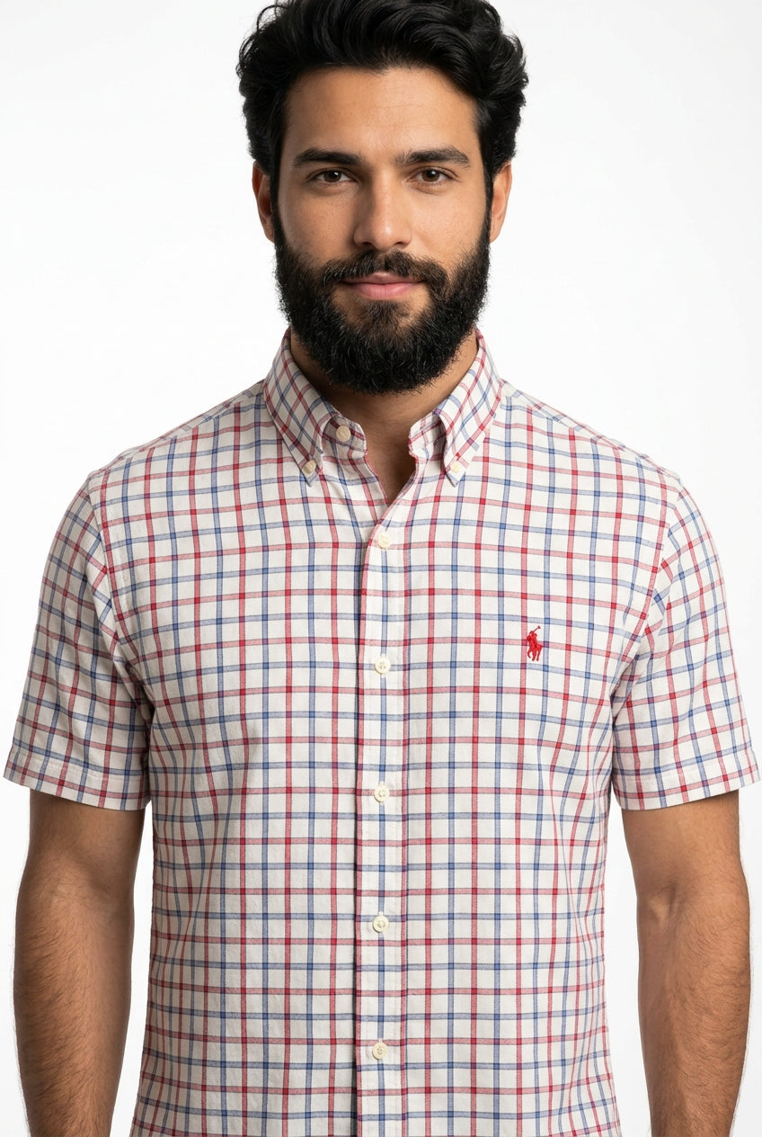 Camisa Social Manga Curta RL - Xadrez Boston Grid Azul e Vermelho
