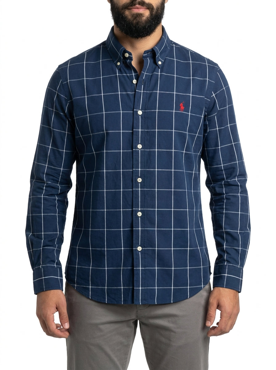 Camisa Social RL Manga Longa - Grid Style Xadrez Azul Marinho