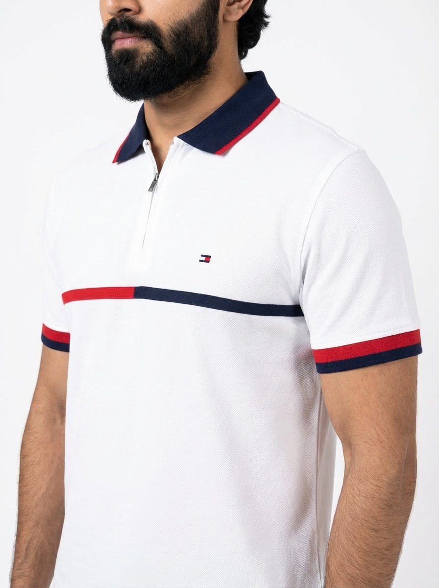 Camisa Gola Polo TH Stripe Zipper - Branca