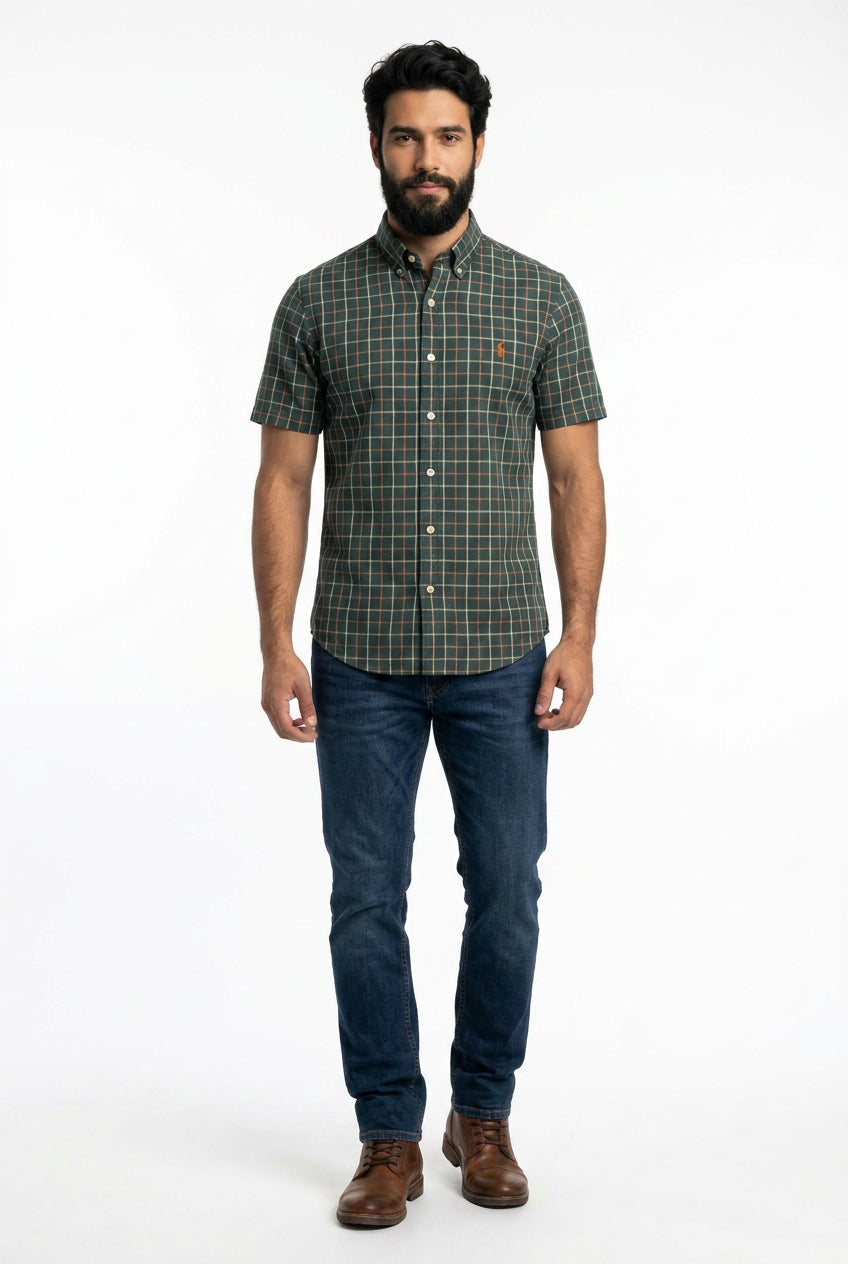 Camisa Social Manga Curta RL - Xadrez Grid Verde Musgo