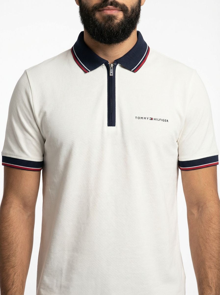 Camisa Gola Polo TH Essence Striped Zip - Branca
