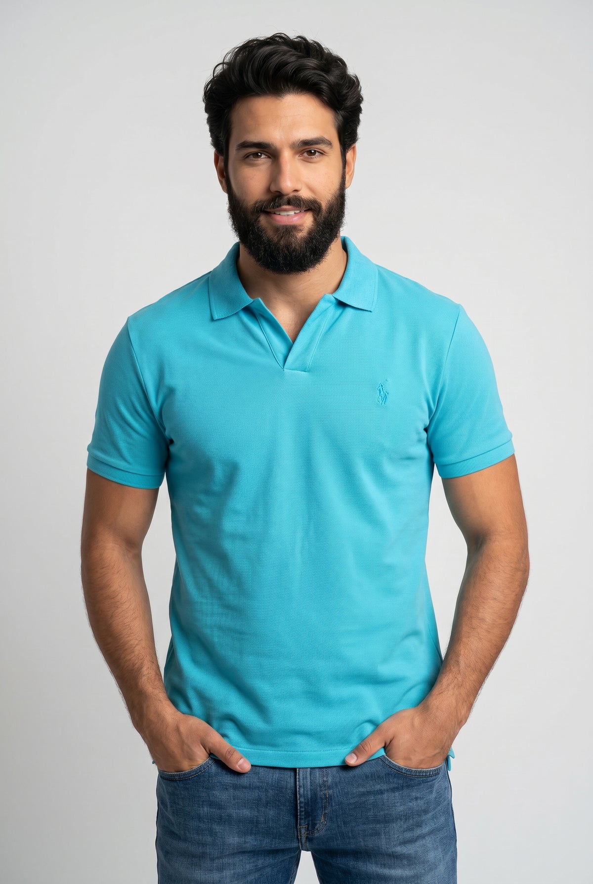 Camisa Gola Polo RL Monochrome V-Neck - Azul Celeste