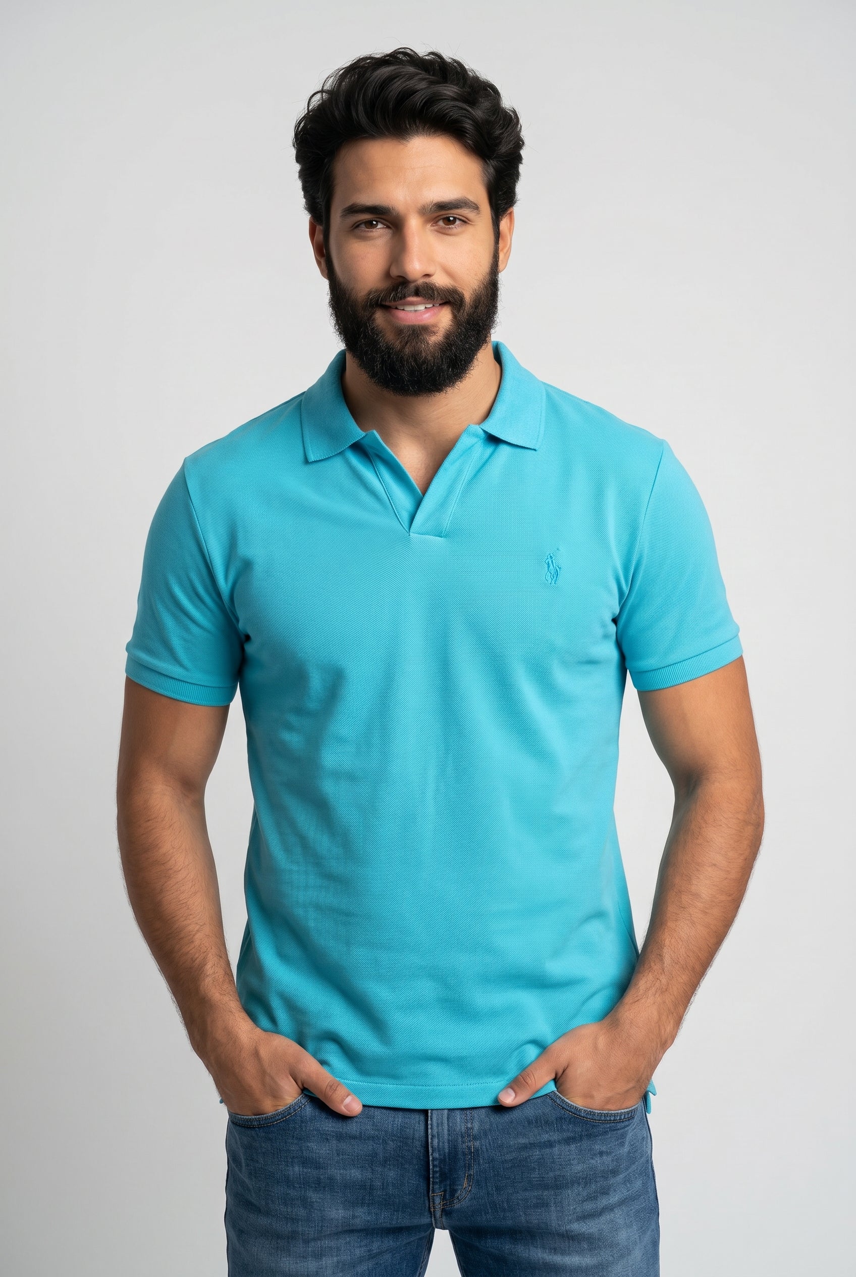 Camisa Gola Polo RL Monochrome V-Neck - Azul Celeste